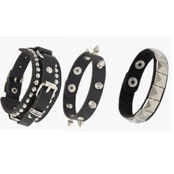 Set of 3 Black Faux Leather Stainless Steel Spikes Chains Bracelets Men Women - Picture 1 of 6